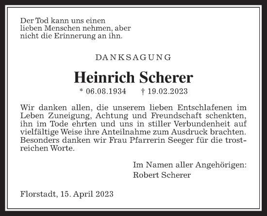 Traueranzeige von Heinrich Scherer von Wetterauer Zeitung