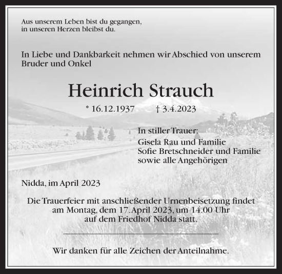 Traueranzeige von Heinrich Strauch von Kreis-Anzeiger