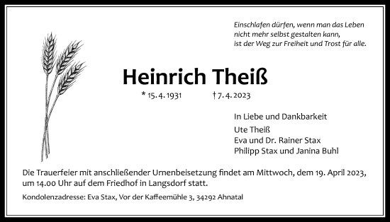 Traueranzeige von Heinrich Theiß von Licher Wochenblatt