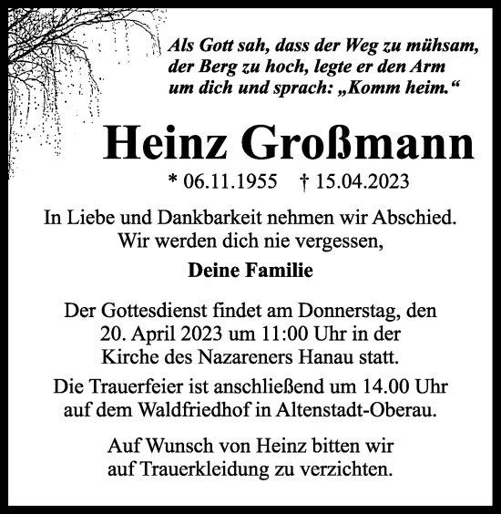 Traueranzeige von Heinz Großmann von Wetterauer Zeitung, Bad Vilbel/Karben