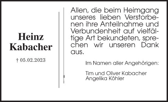 Traueranzeige von Heinz Kabacher von Kreis-Anzeiger