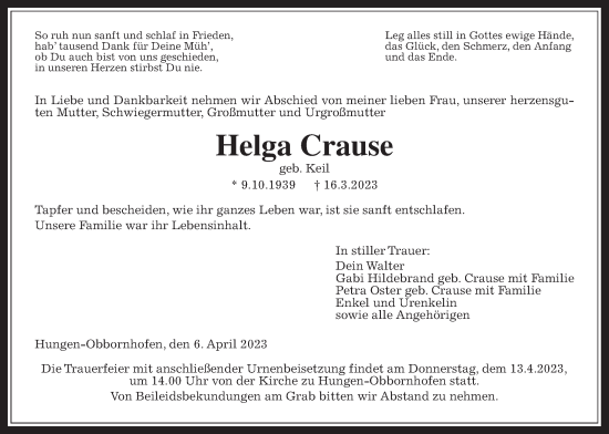 Traueranzeige von Helga Crause von Licher Wochenblatt