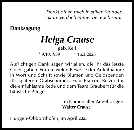 Traueranzeige von Helga Crause von Licher Wochenblatt