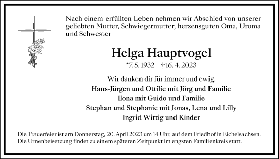 Traueranzeige von Helga Hauptvogel von Kreis-Anzeiger