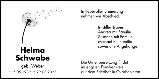 Traueranzeige von Helma Schwabe von Bad Vilbel/Karben