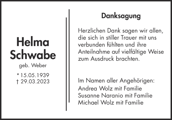 Traueranzeige von Helma Schwabe von Bad Vilbel/Karben