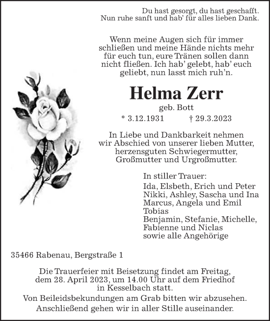 Traueranzeige von Helma Zerr von Giessener Anzeiger