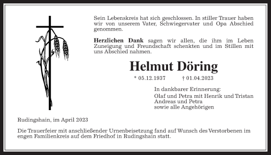 Traueranzeige von Helmut Döring von Kreis-Anzeiger