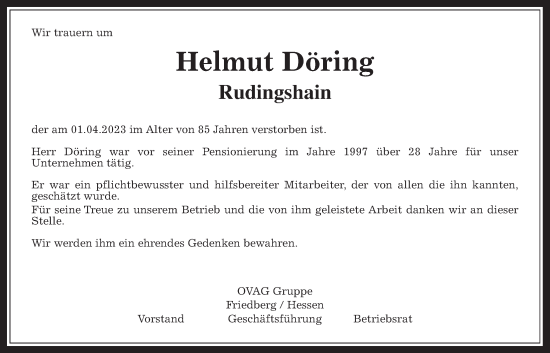 Traueranzeige von Helmut Döring von Kreis-Anzeiger