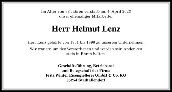 Traueranzeige von Helmut Lenz von Laubacher Anzeiger