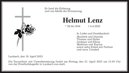 Traueranzeige von Helmut Lenz von Laubacher Anzeiger