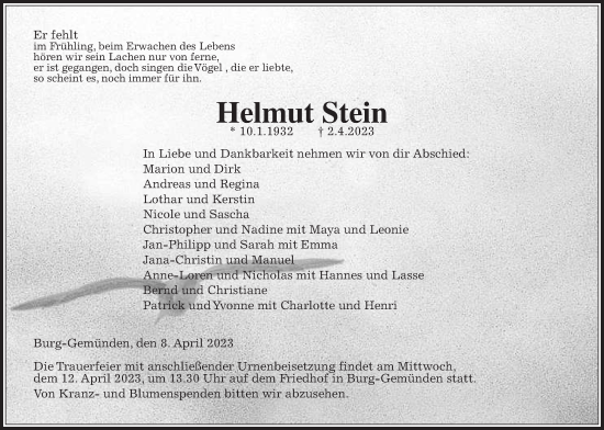 Traueranzeige von Helmut Stein von Alsfelder Allgemeine