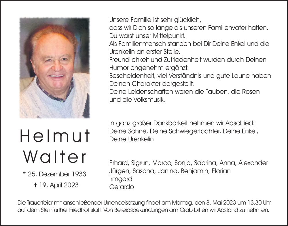  Traueranzeige für Helmut Walter vom 29.04.2023 aus Wetterauer Zeitung