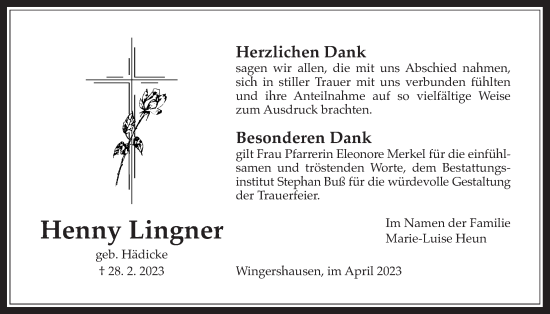 Traueranzeige von Henny Lingner von Kreis-Anzeiger