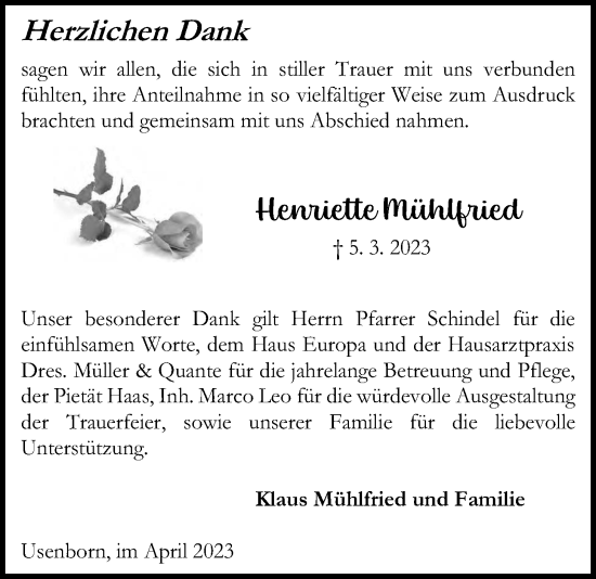 Traueranzeige von Henriette Mühlfried von Kreis-Anzeiger