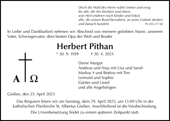 Traueranzeige von Herbert Pithan von Giessener Allgemeine, Alsfelder Allgemeine, Giessener Anzeiger