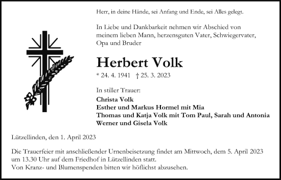 Traueranzeige von Herbert Volk von Giessener Allgemeine, Alsfelder Allgemeine