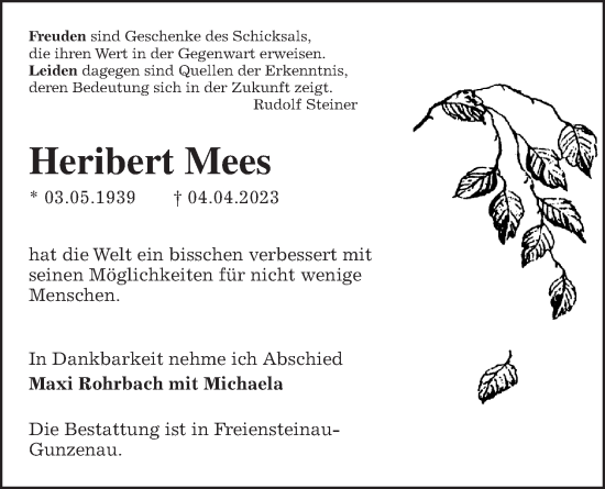 Traueranzeige von Heribert Mees von Kreis-Anzeiger