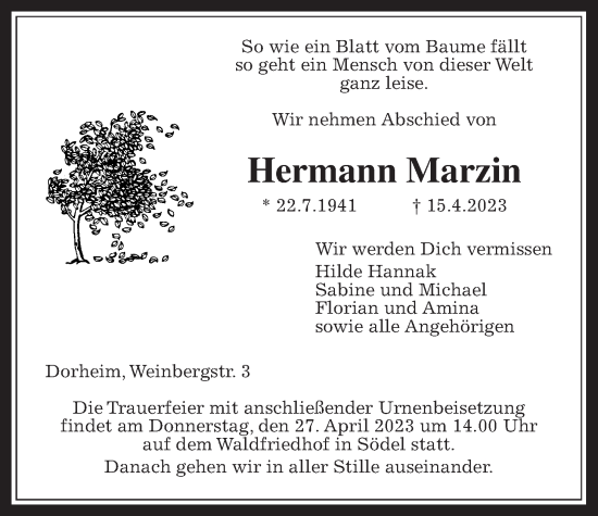 Traueranzeige von Hermann Marzin von Wetterauer Zeitung