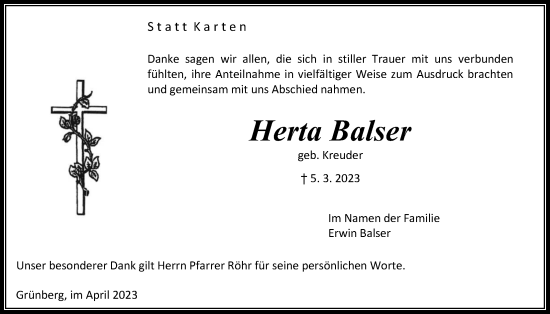 Traueranzeige von Herta Balser von Giessener Allgemeine, Alsfelder Allgemeine