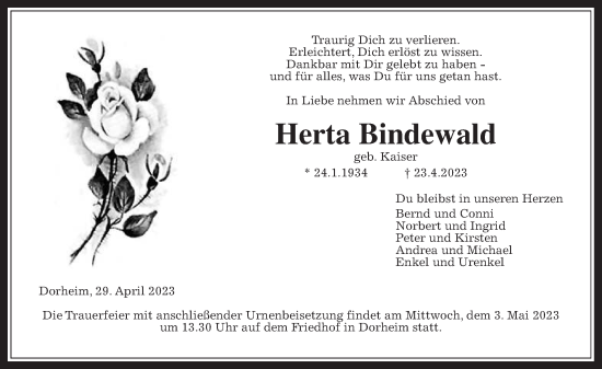 Traueranzeige von Herta Bindewald von Wetterauer Zeitung