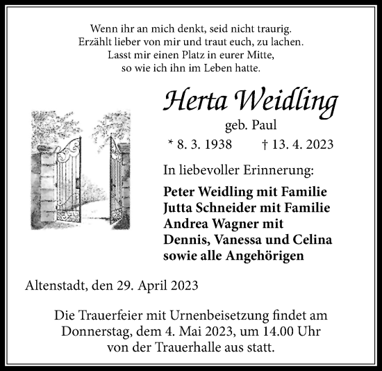 Traueranzeige von Herta Weidling von Kreis-Anzeiger
