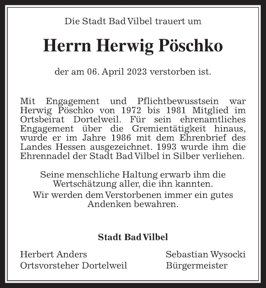 Traueranzeige von Herwig Pöschko von Bad Vilbel/Karben