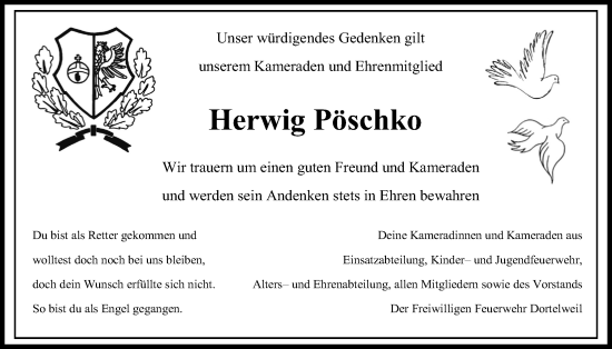 Traueranzeige von Herwig Pöschko von Bad Vilbel/Karben