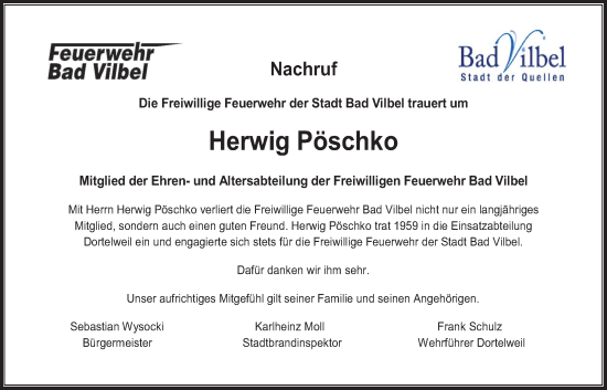 Traueranzeige von Herwig Pöschko von Bad Vilbel/Karben