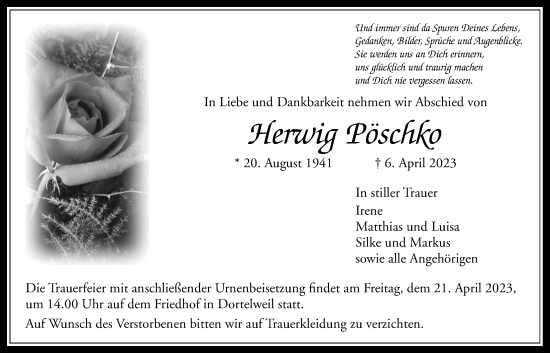 Traueranzeige von Herwig Pöschko von Bad Vilbel/Karben