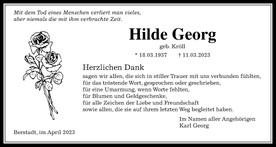Traueranzeige von Hilde Georg von Wetterauer Zeitung
