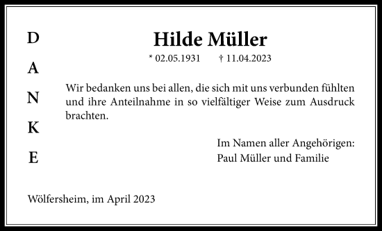 Traueranzeige von Hilde Müller von Wetterauer Zeitung