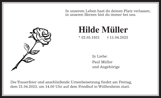 Traueranzeige von Hilde Müller von Wetterauer Zeitung
