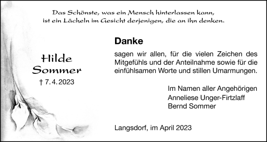 Traueranzeige von Hilde Sommer von Licher Wochenblatt