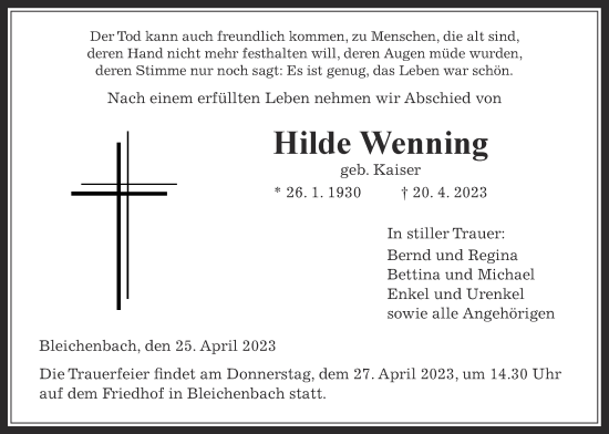 Traueranzeige von Hilde Wenning von Kreis-Anzeiger
