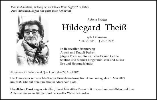 Traueranzeige von Hildegard Theiß von Giessener Allgemeine, Alsfelder Allgemeine