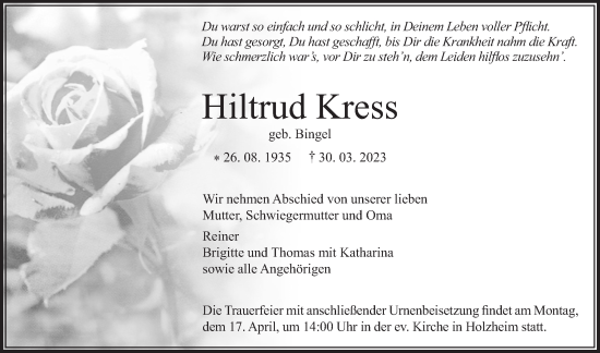 Traueranzeige von Hiltrud Kress von Giessener Allgemeine, Alsfelder Allgemeine, Pohlheimer Nachrichten