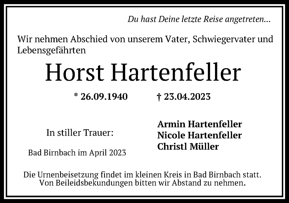  Traueranzeige für Horst Hartenfeller vom 29.04.2023 aus Kreis-Anzeiger