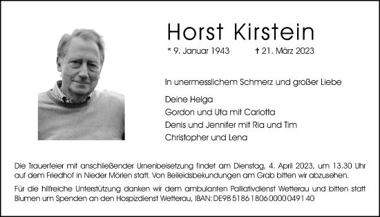 Traueranzeige von Horst Kirstein von Wetterauer Zeitung