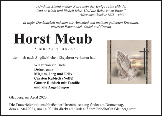 Traueranzeige von Horst Meub von Kreis-Anzeiger