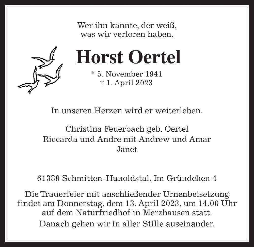  Traueranzeige für Horst Oertel vom 08.04.2023 aus Usinger Anzeiger
