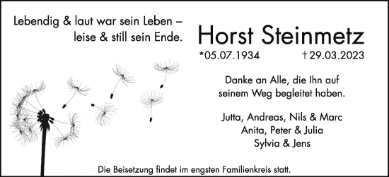 Traueranzeige von Horst Steinmetz von Kreis-Anzeiger