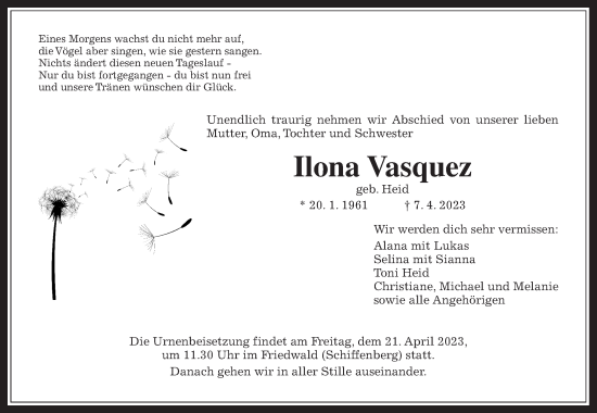 Traueranzeige von Ilona Vasquez von Giessener Allgemeine, Alsfelder Allgemeine
