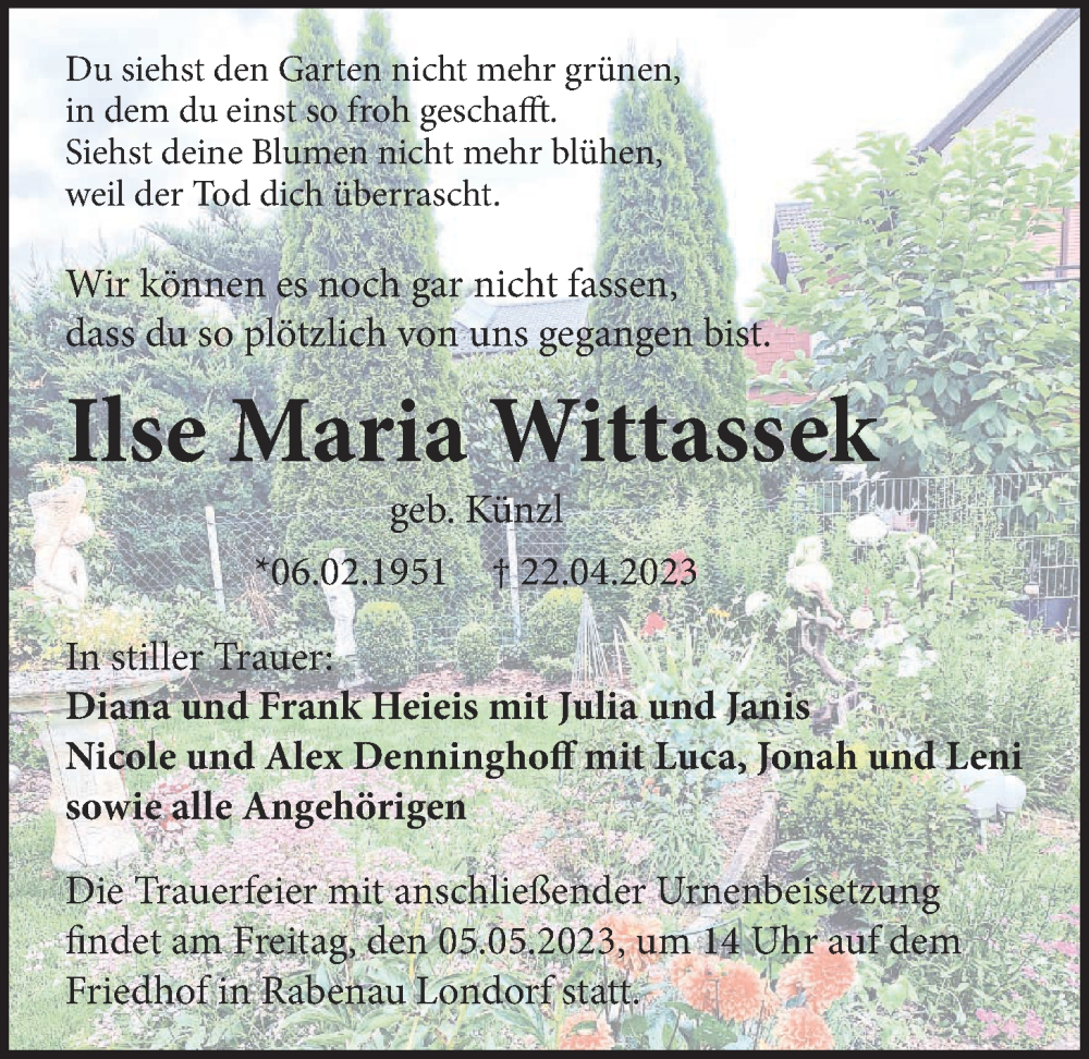  Traueranzeige für Ilse Maria Wittassek vom 29.04.2023 aus Giessener Allgemeine, Alsfelder Allgemeine