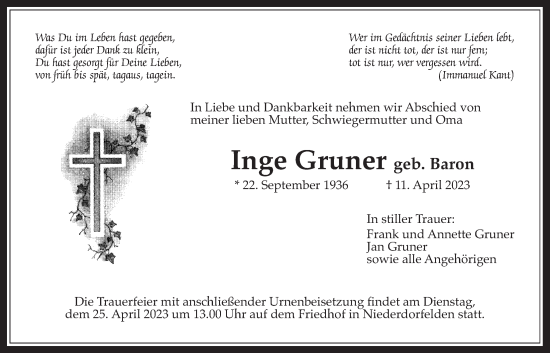 Traueranzeige von Inge Gruner von Bad Vilbel/Karben