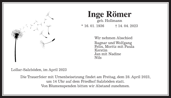Traueranzeige von Inge Römer von Giessener Allgemeine, Alsfelder Allgemeine, Giessener Anzeiger