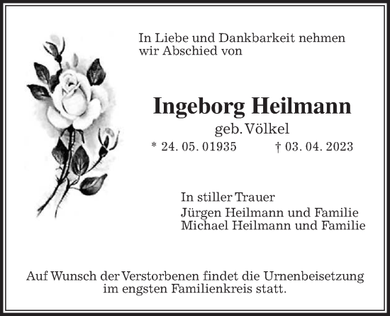 Traueranzeige von Ingeborg Heilmann von Kreis-Anzeiger