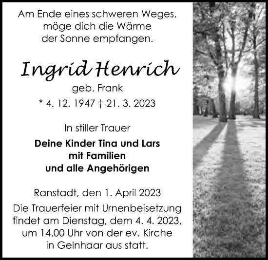 Traueranzeige von Ingrid Henrich von Kreis-Anzeiger