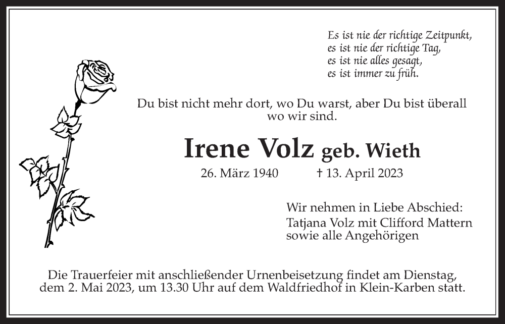  Traueranzeige für Irene Volz vom 20.04.2023 aus Bad Vilbel/Karben