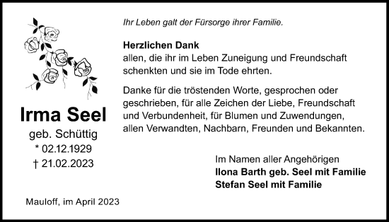 Traueranzeige von Irma Seel 